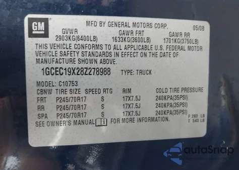 2008 Chevrolet Silverado 1500 Work Truck from USA, damaged, VIN 1GCEC19X28Z278988